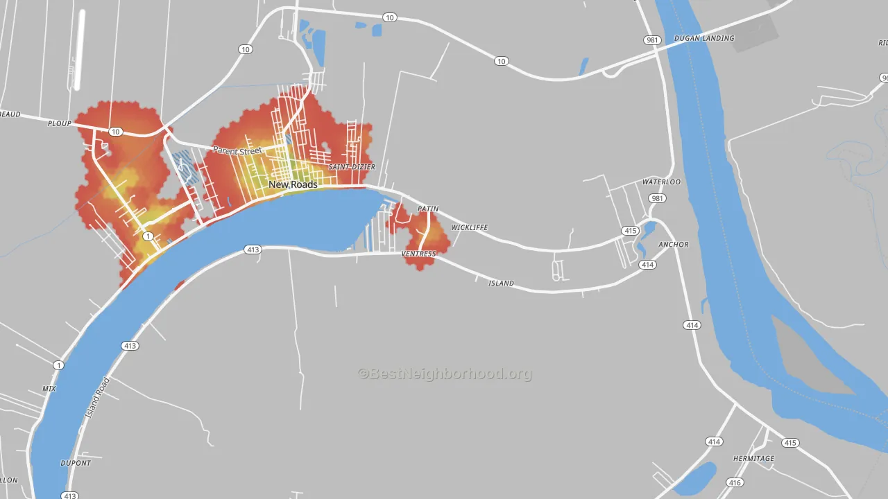 Walk Grade map of 70783, LA, walkable areas in green and car-dependent areas in red