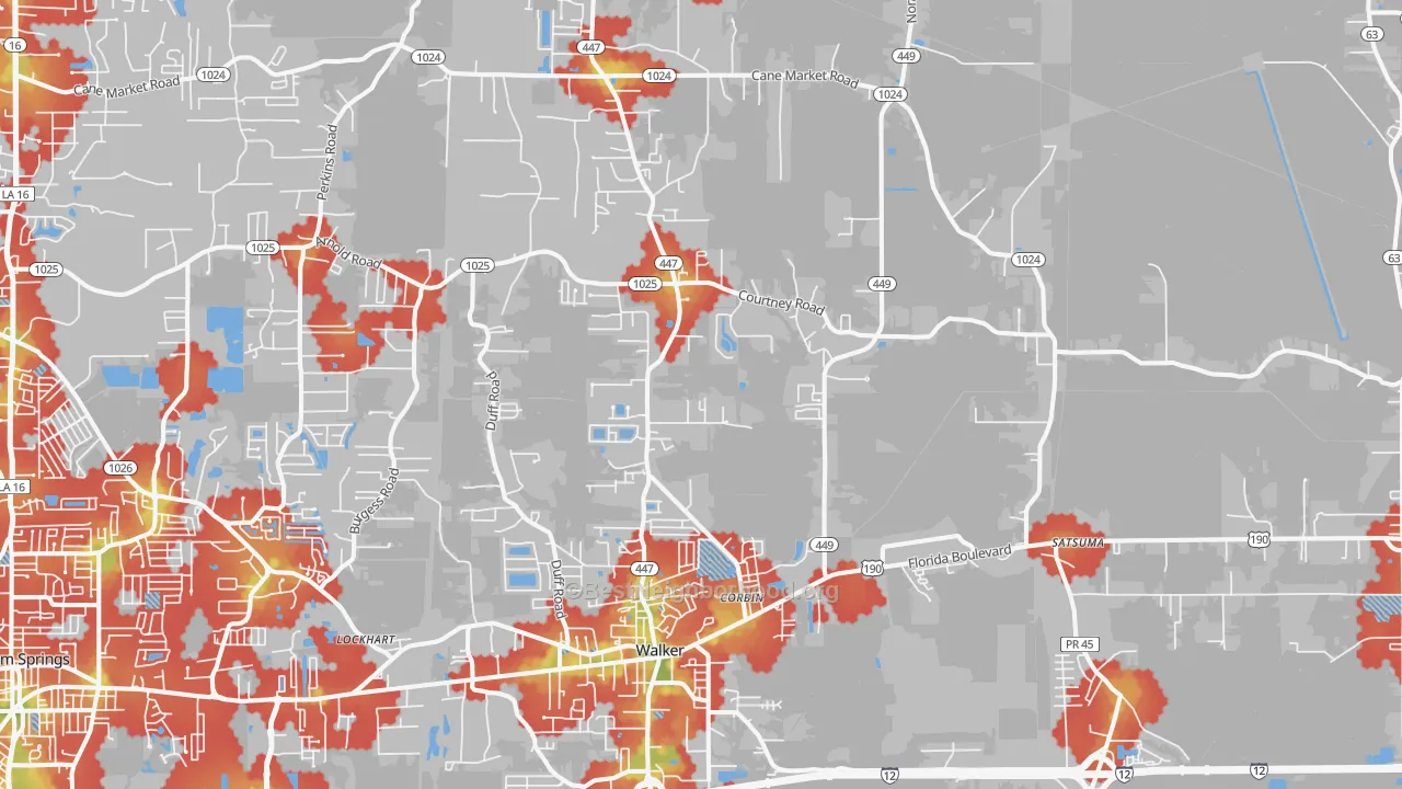 Walk Grade map of 70785, LA, walkable areas in green and car-dependent areas in red