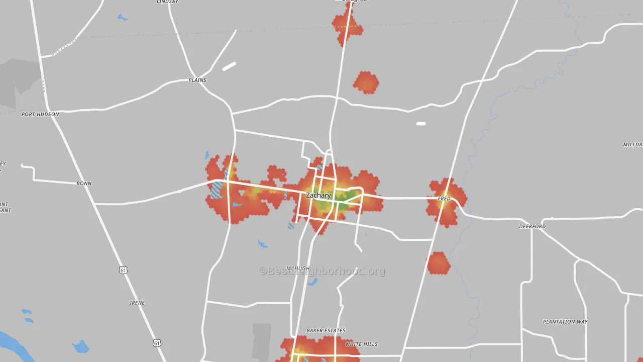 Walk Grade map of 70791, LA, walkable areas in green and car-dependent areas in red