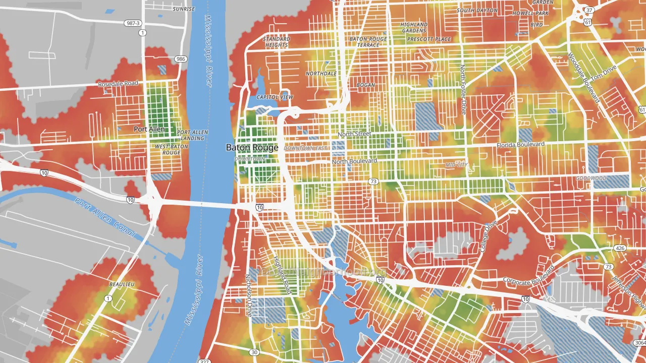 Walk Grade map of 70802, LA, walkable areas in green and car-dependent areas in red