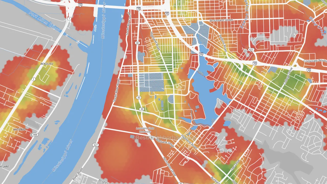 Walk Grade map of 70803, LA, walkable areas in green and car-dependent areas in red
