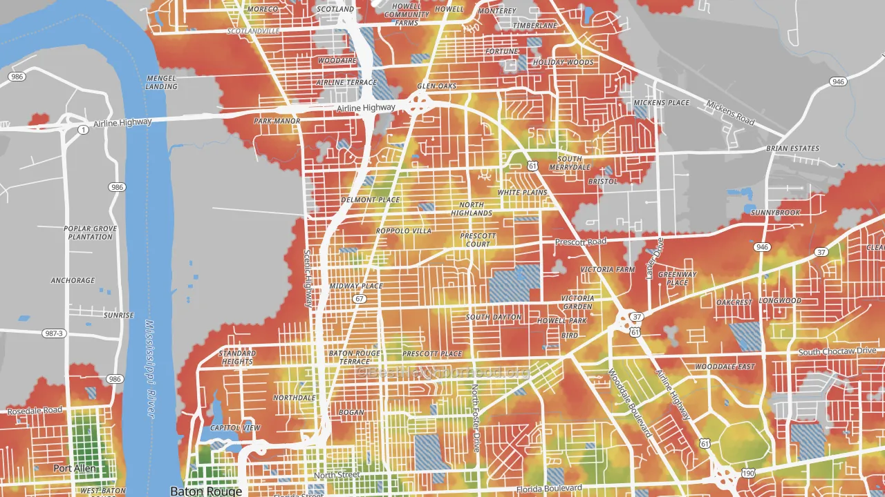Walk Grade map of 70805, LA, walkable areas in green and car-dependent areas in red