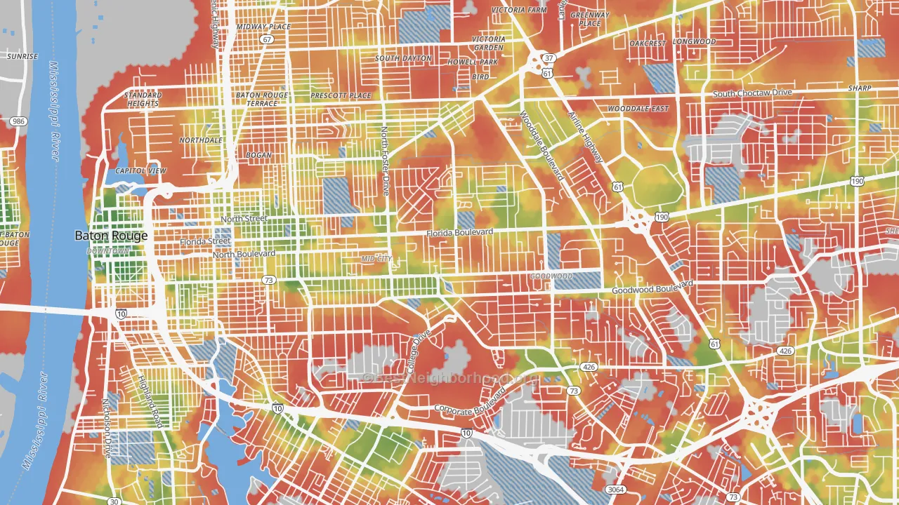 Walk Grade map of 70806, LA, walkable areas in green and car-dependent areas in red