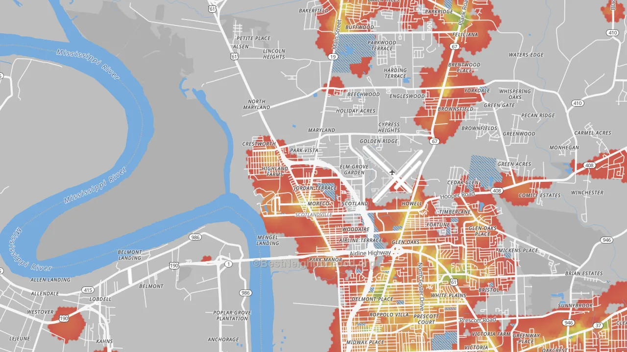 Walk Grade map of 70807, LA, walkable areas in green and car-dependent areas in red