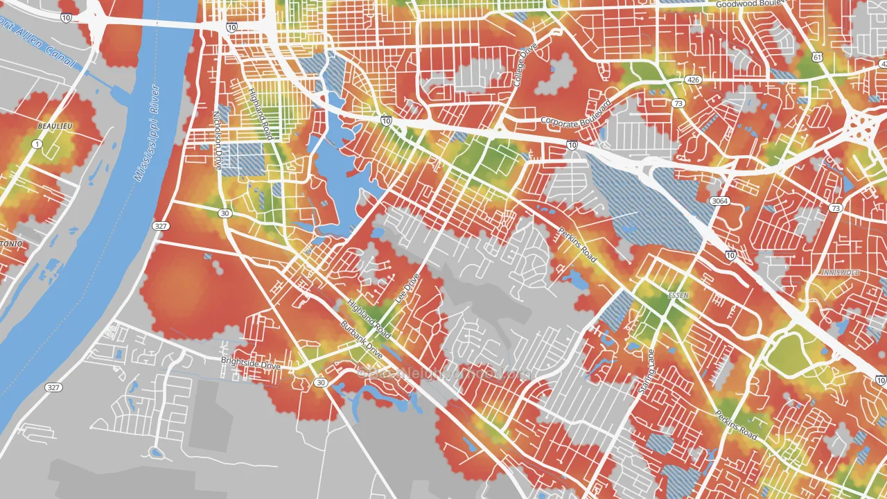 Walk Grade map of 70808, LA, walkable areas in green and car-dependent areas in red