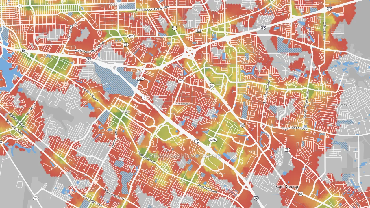Walk Grade map of 70809, LA, walkable areas in green and car-dependent areas in red
