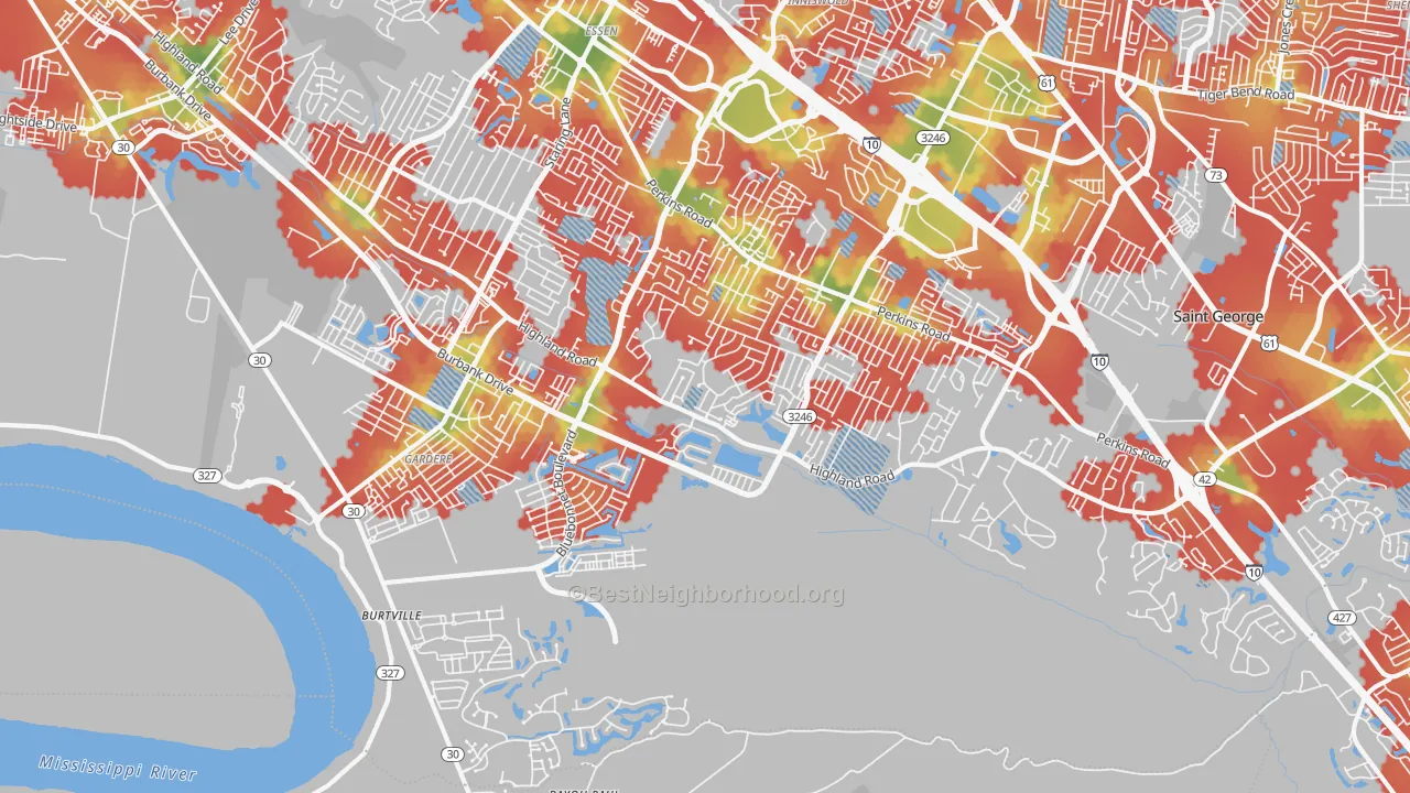 Walk Grade map of 70810, LA, walkable areas in green and car-dependent areas in red