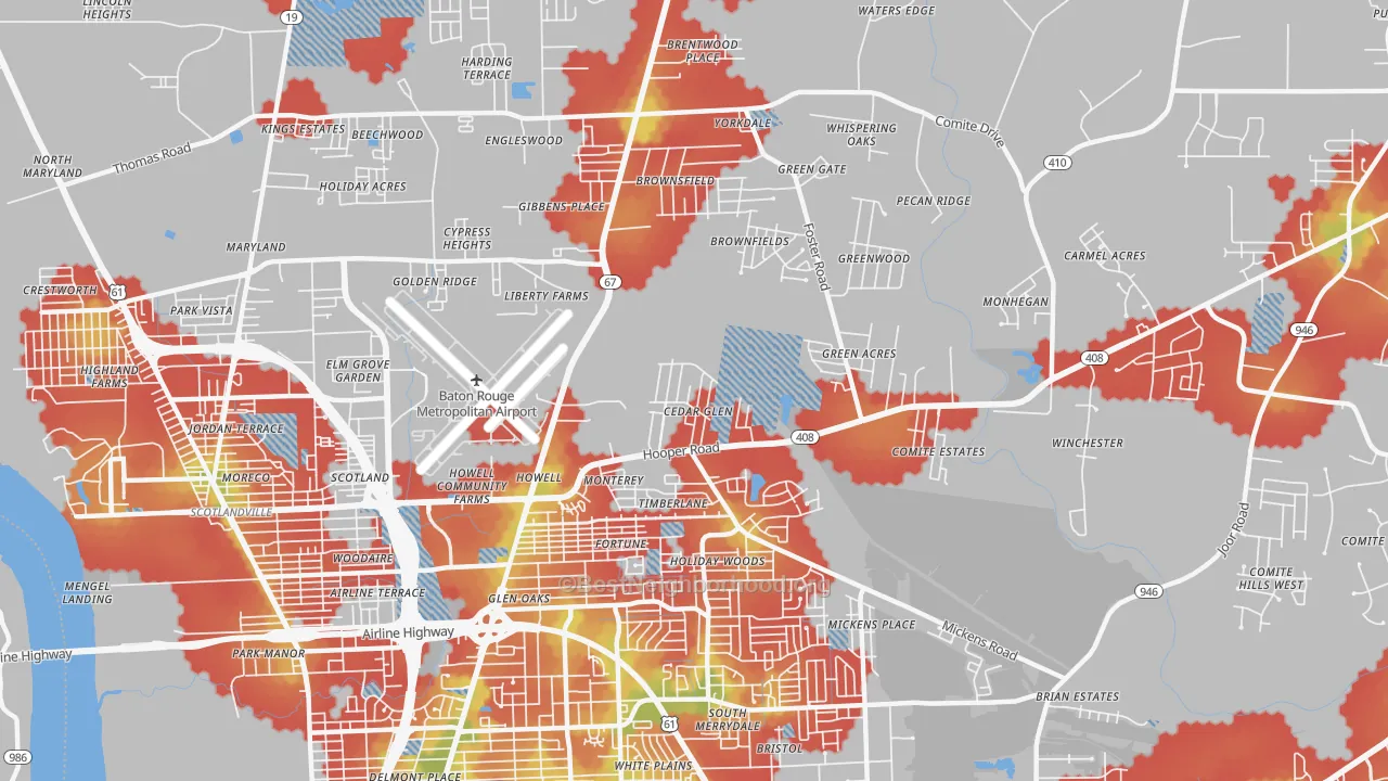Walk Grade map of 70811, LA, walkable areas in green and car-dependent areas in red