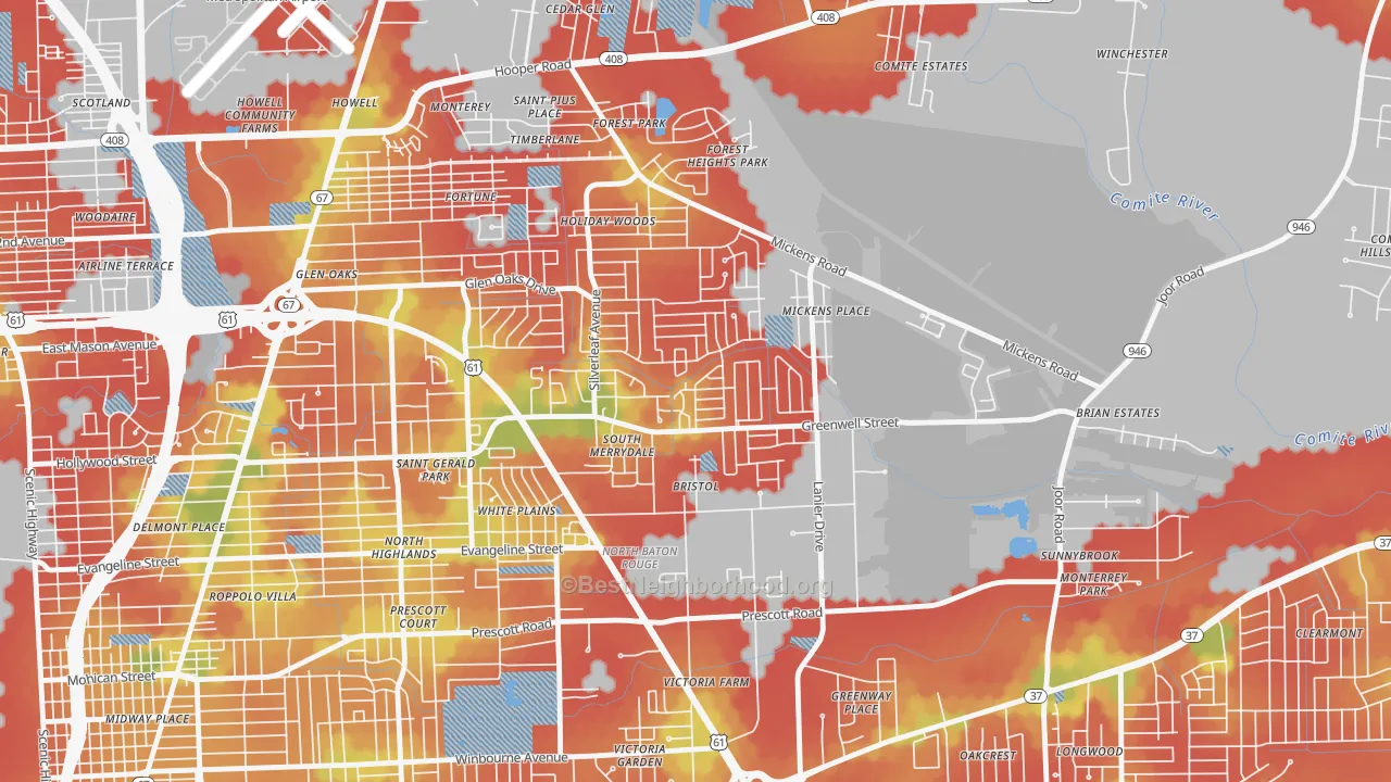 Walk Grade map of 70812, LA, walkable areas in green and car-dependent areas in red
