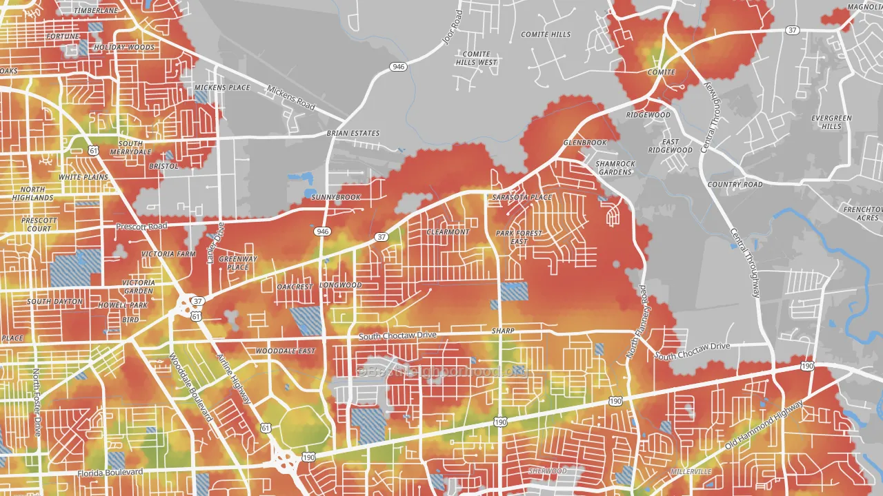 Walk Grade map of 70814, LA, walkable areas in green and car-dependent areas in red