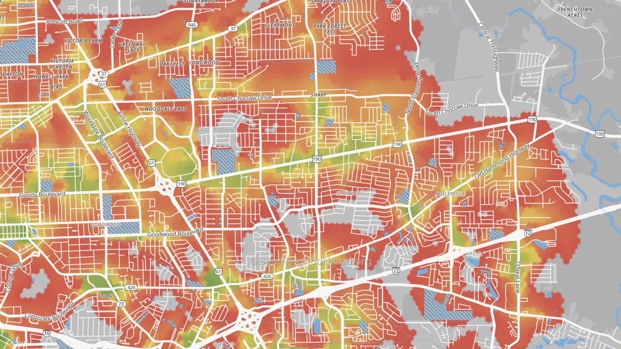 Walk Grade map of 70815, LA, walkable areas in green and car-dependent areas in red