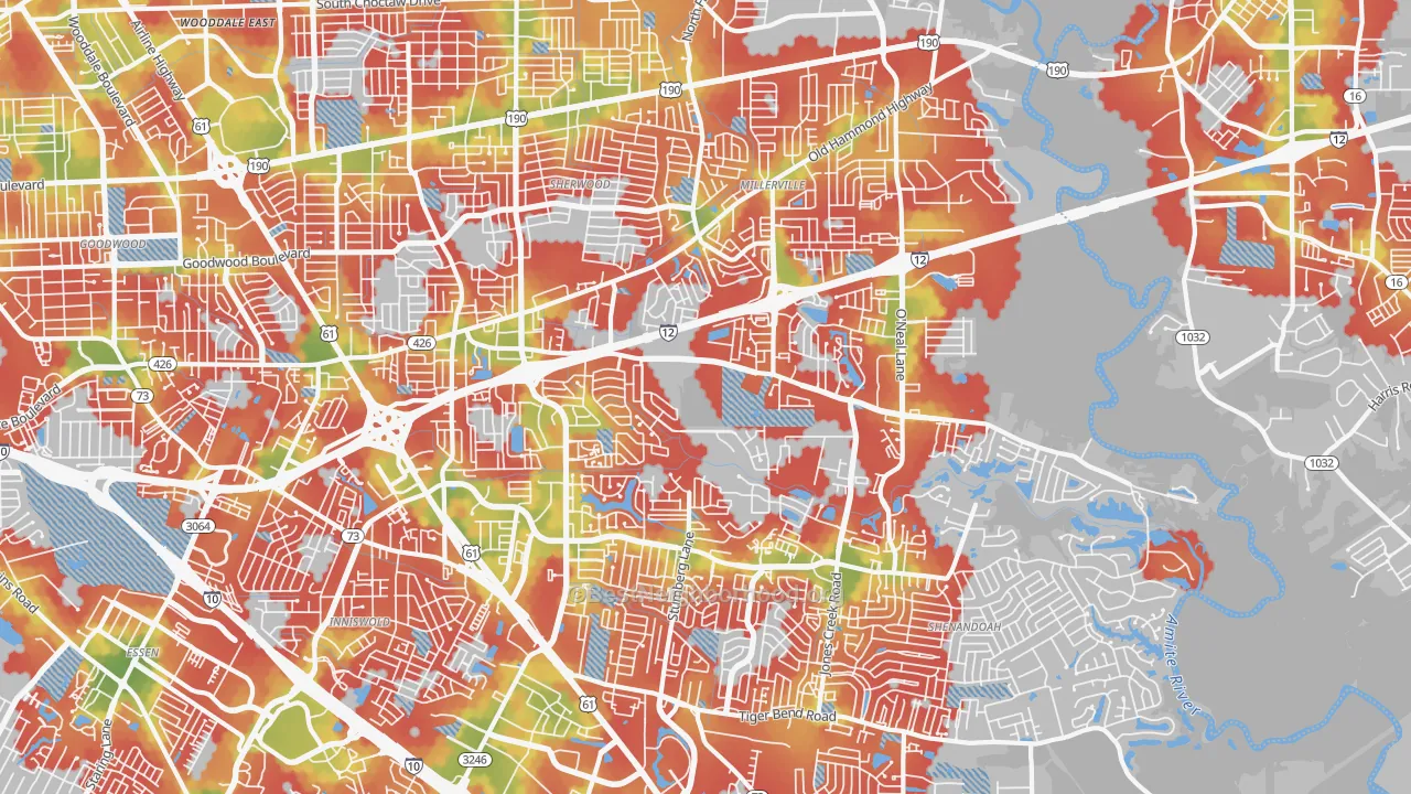Walk Grade map of 70816, LA, walkable areas in green and car-dependent areas in red