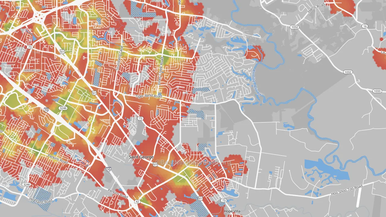 Walk Grade map of 70817, LA, walkable areas in green and car-dependent areas in red