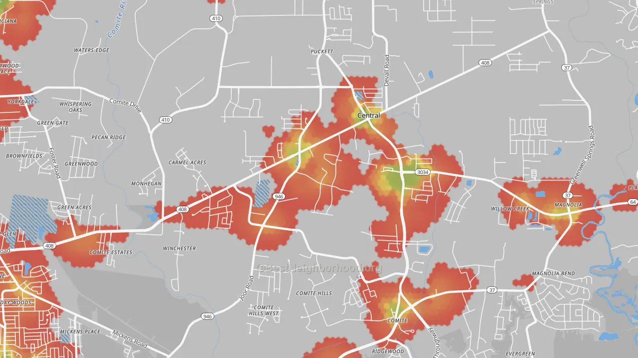 Walk Grade map of 70818, LA, walkable areas in green and car-dependent areas in red