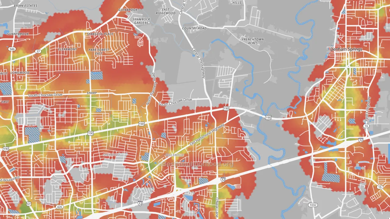 Walk Grade map of 70819, LA, walkable areas in green and car-dependent areas in red