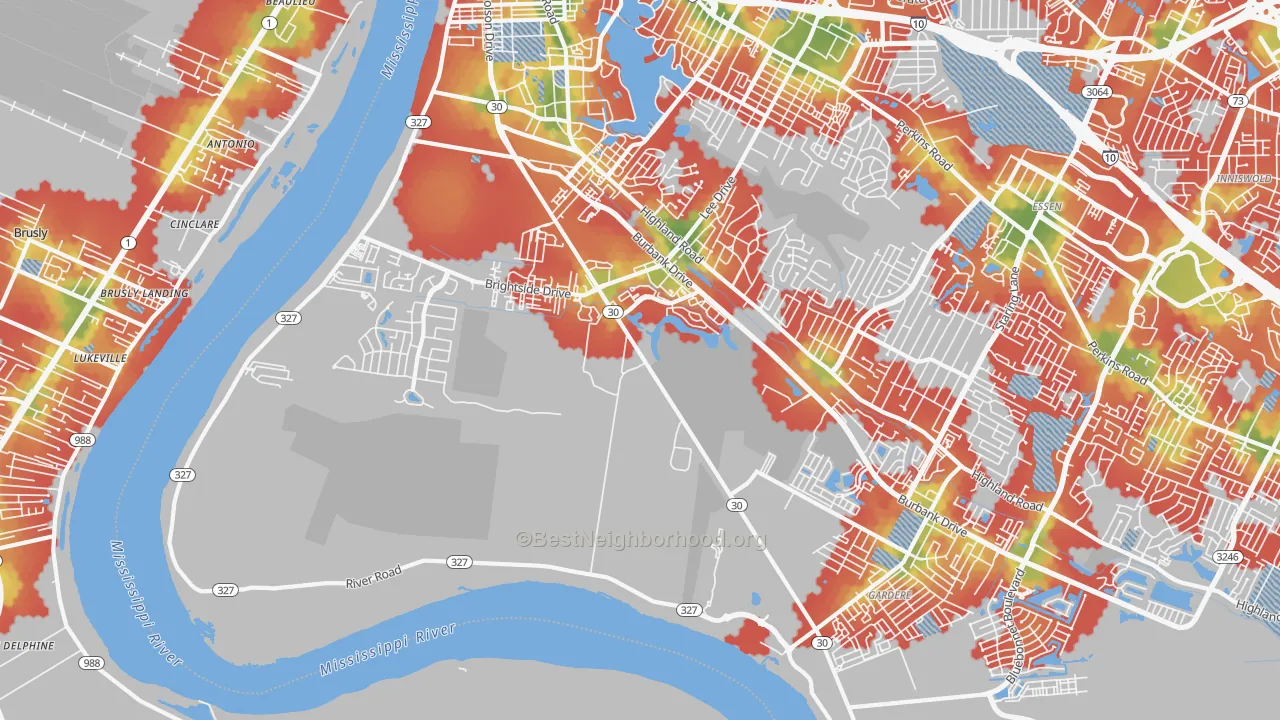 Walk Grade map of 70820, LA, walkable areas in green and car-dependent areas in red