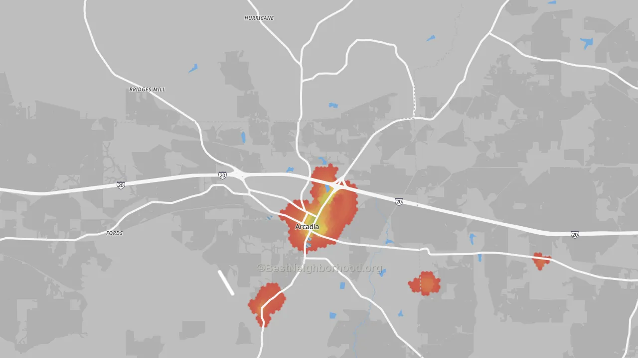 Walk Grade map of 71001, LA, walkable areas in green and car-dependent areas in red
