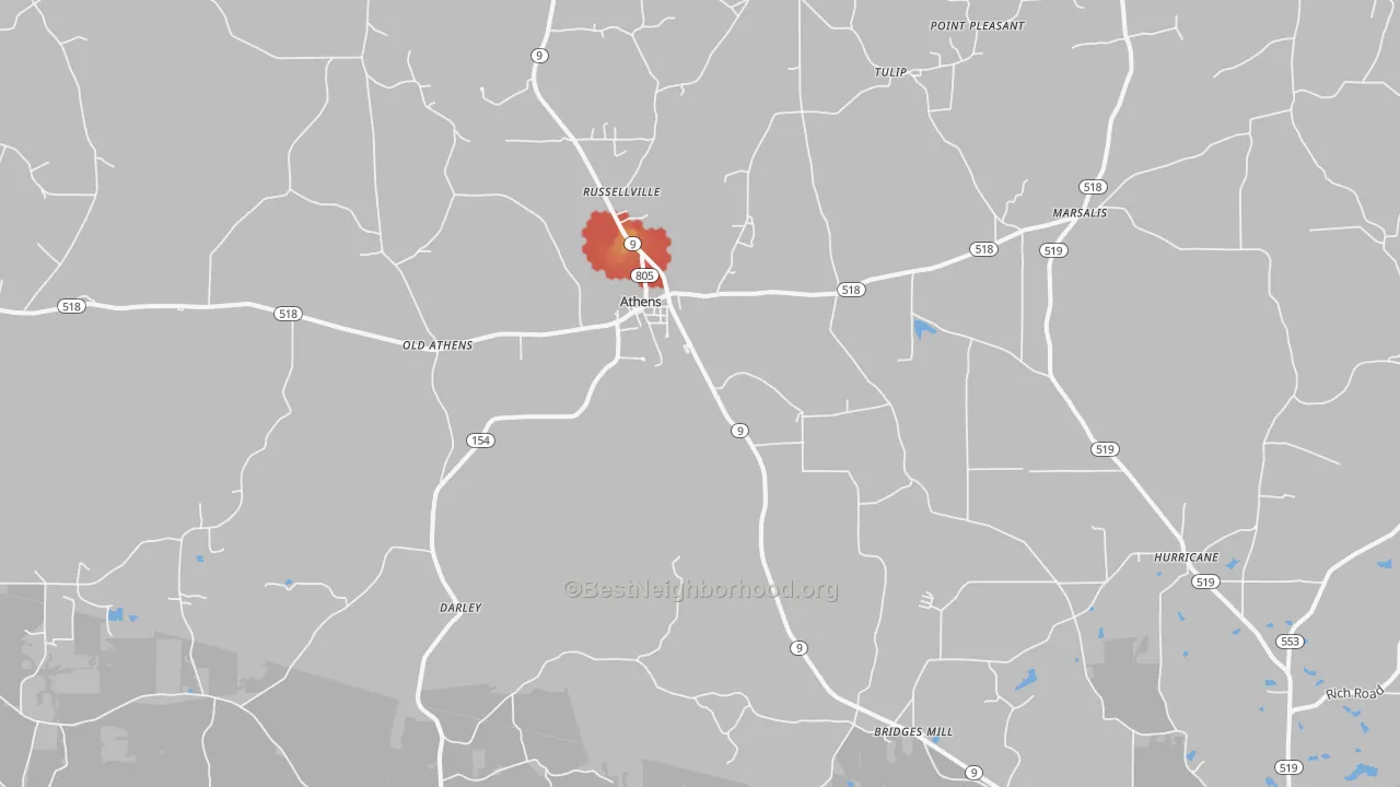 Walk Grade map of 71003, LA, walkable areas in green and car-dependent areas in red