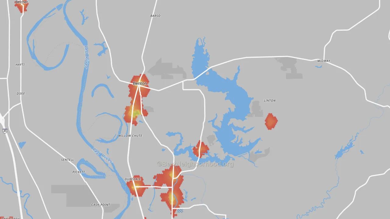 Walk Grade map of 71006, LA, walkable areas in green and car-dependent areas in red