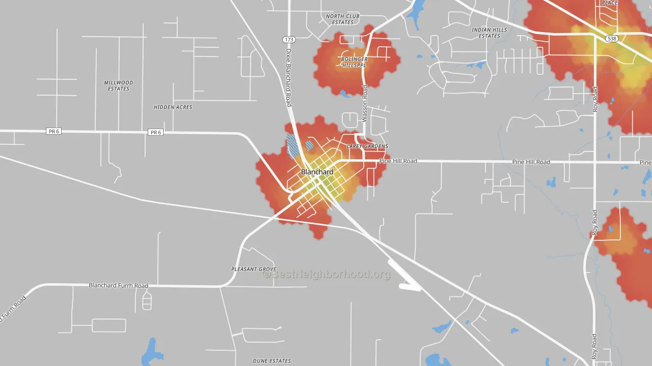 Walk Grade map of 71009, LA, walkable areas in green and car-dependent areas in red