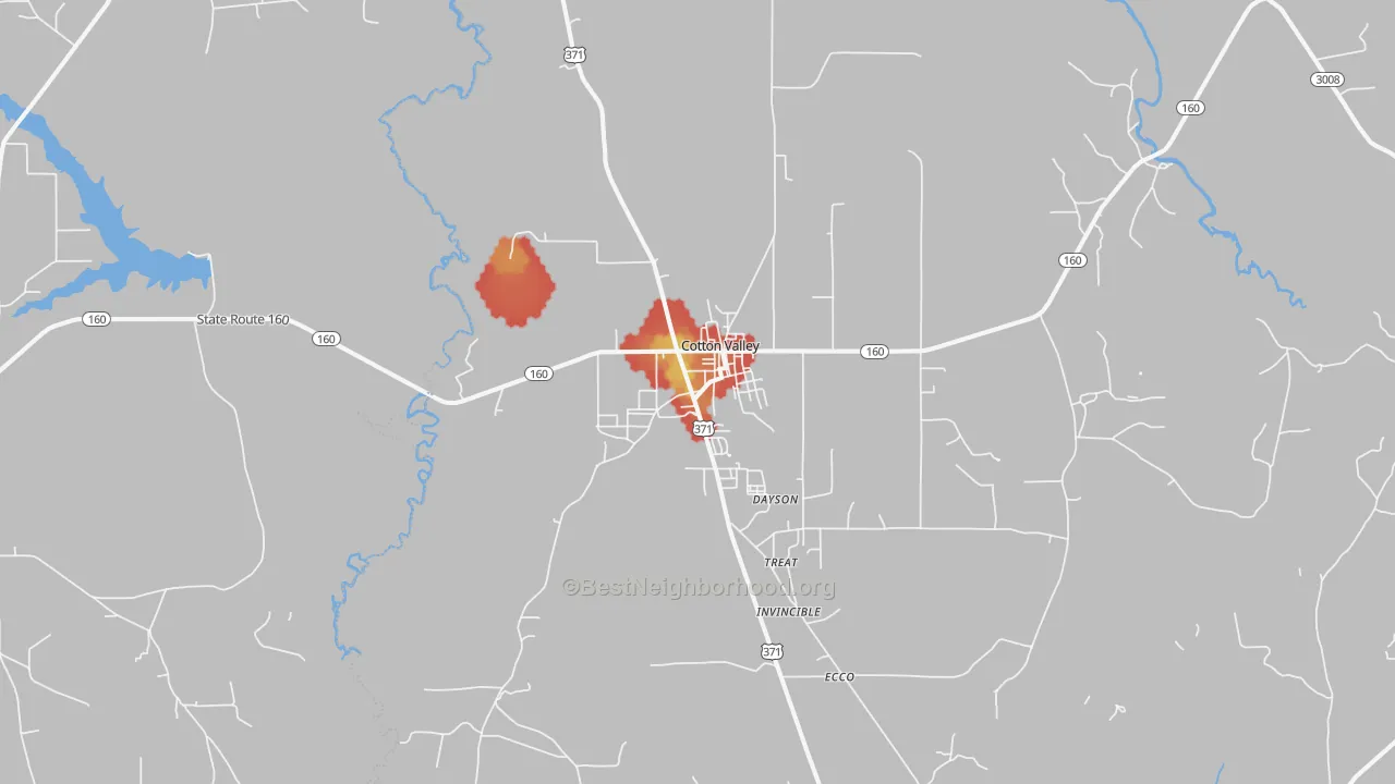 Walk Grade map of 71018, LA, walkable areas in green and car-dependent areas in red