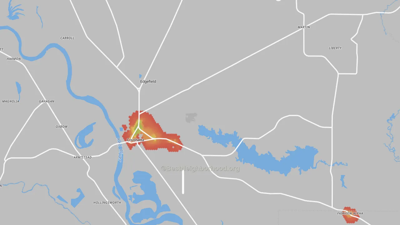 Walk Grade map of 71019, LA, walkable areas in green and car-dependent areas in red