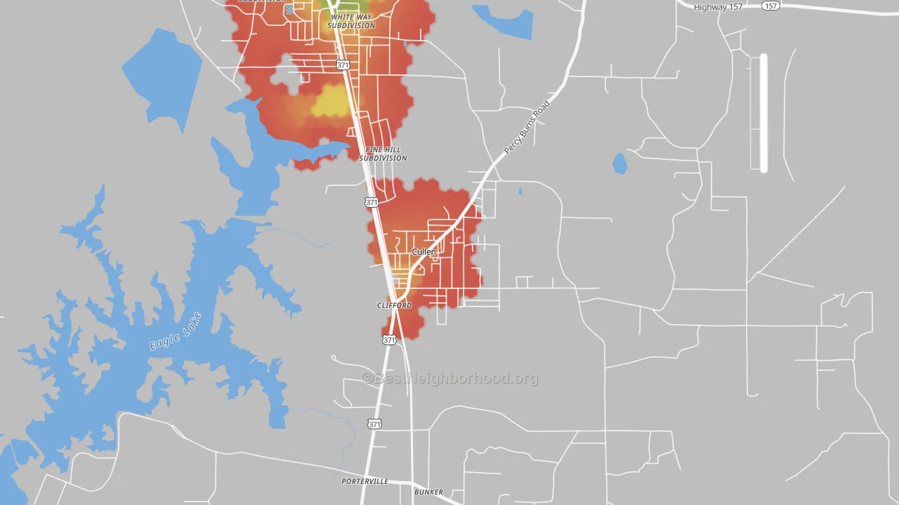 Walk Grade map of 71021, LA, walkable areas in green and car-dependent areas in red