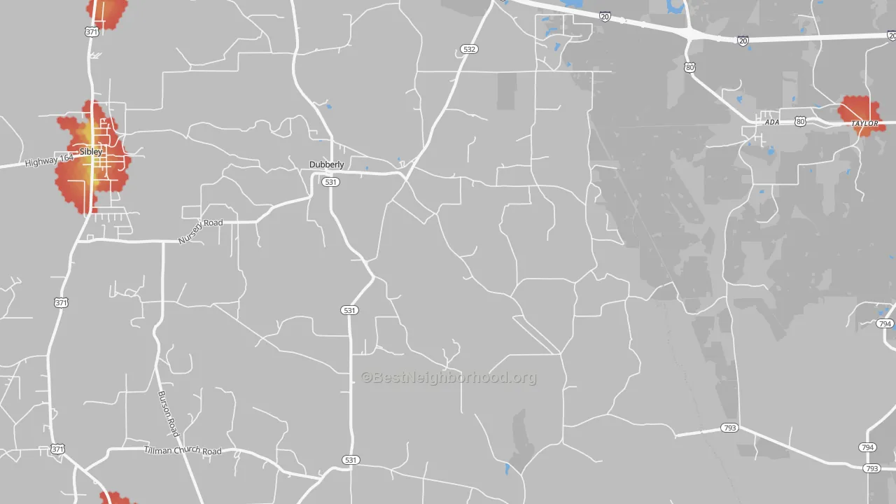 Walk Grade map of 71024, LA, walkable areas in green and car-dependent areas in red