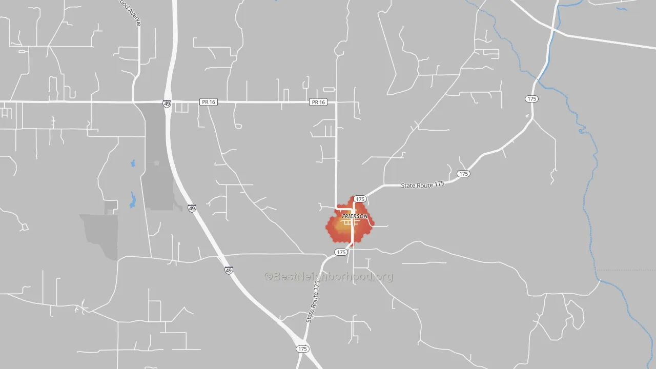 Walk Grade map of 71027, LA, walkable areas in green and car-dependent areas in red
