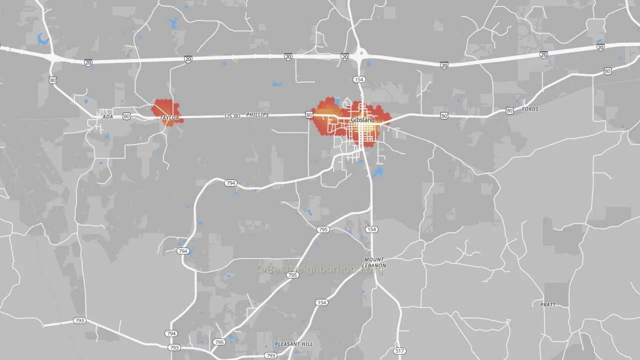 Walk Grade map of 71028, LA, walkable areas in green and car-dependent areas in red