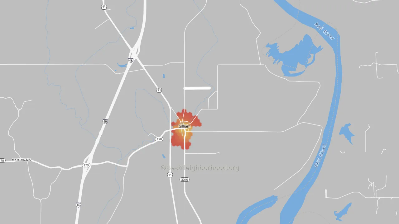 Walk Grade map of 71029, LA, walkable areas in green and car-dependent areas in red