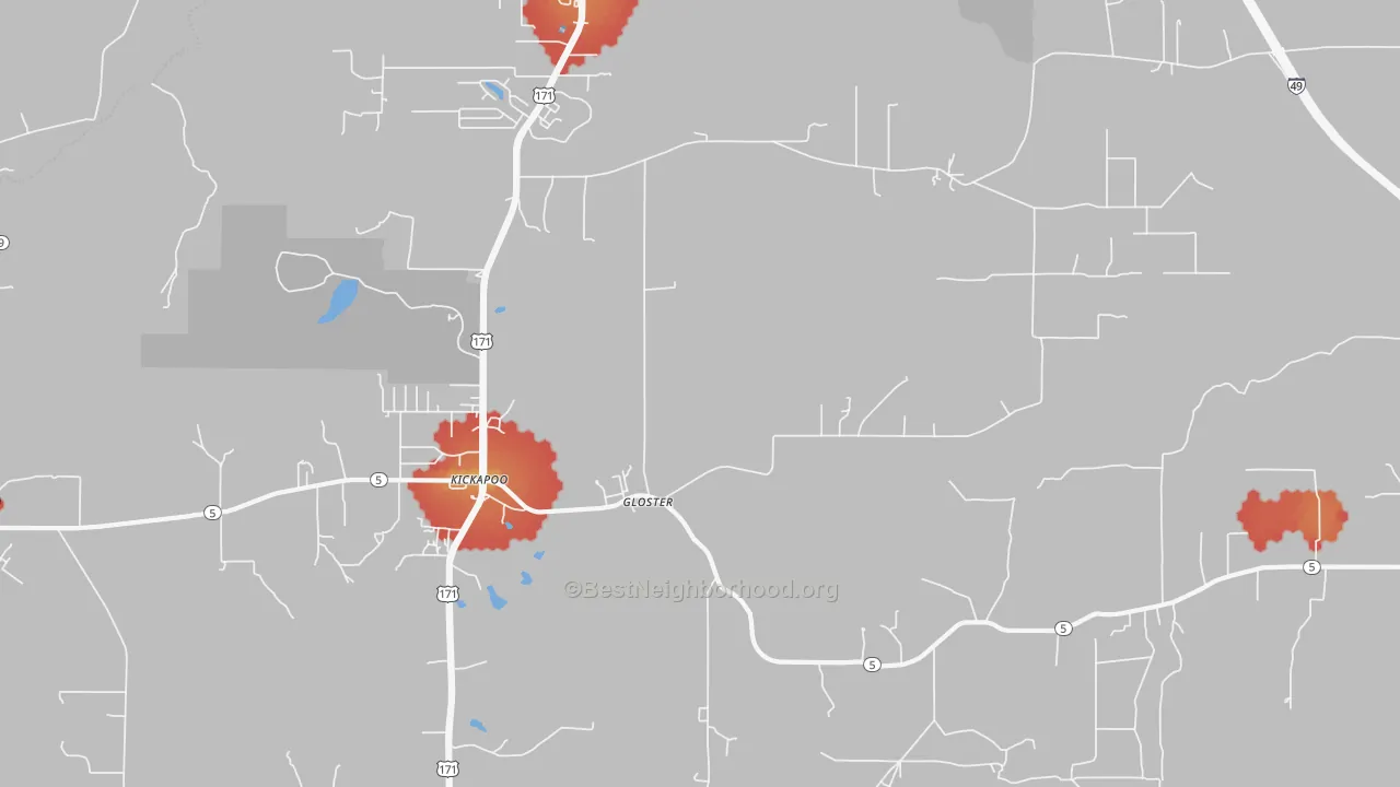 Walk Grade map of 71030, LA, walkable areas in green and car-dependent areas in red