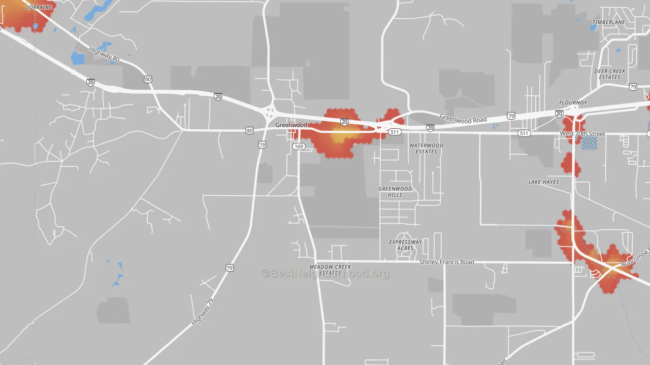 Walk Grade map of 71033, LA, walkable areas in green and car-dependent areas in red