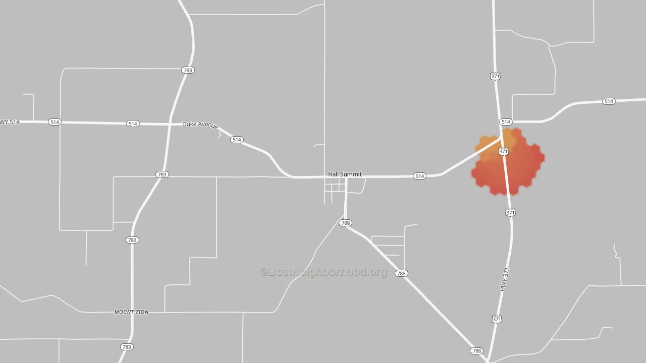 Walk Grade map of 71034, LA, walkable areas in green and car-dependent areas in red