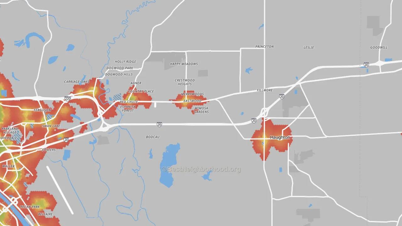 Walk Grade map of 71037, LA, walkable areas in green and car-dependent areas in red