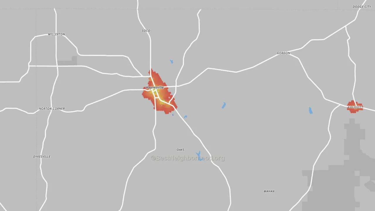 Walk Grade map of 71038, LA, walkable areas in green and car-dependent areas in red