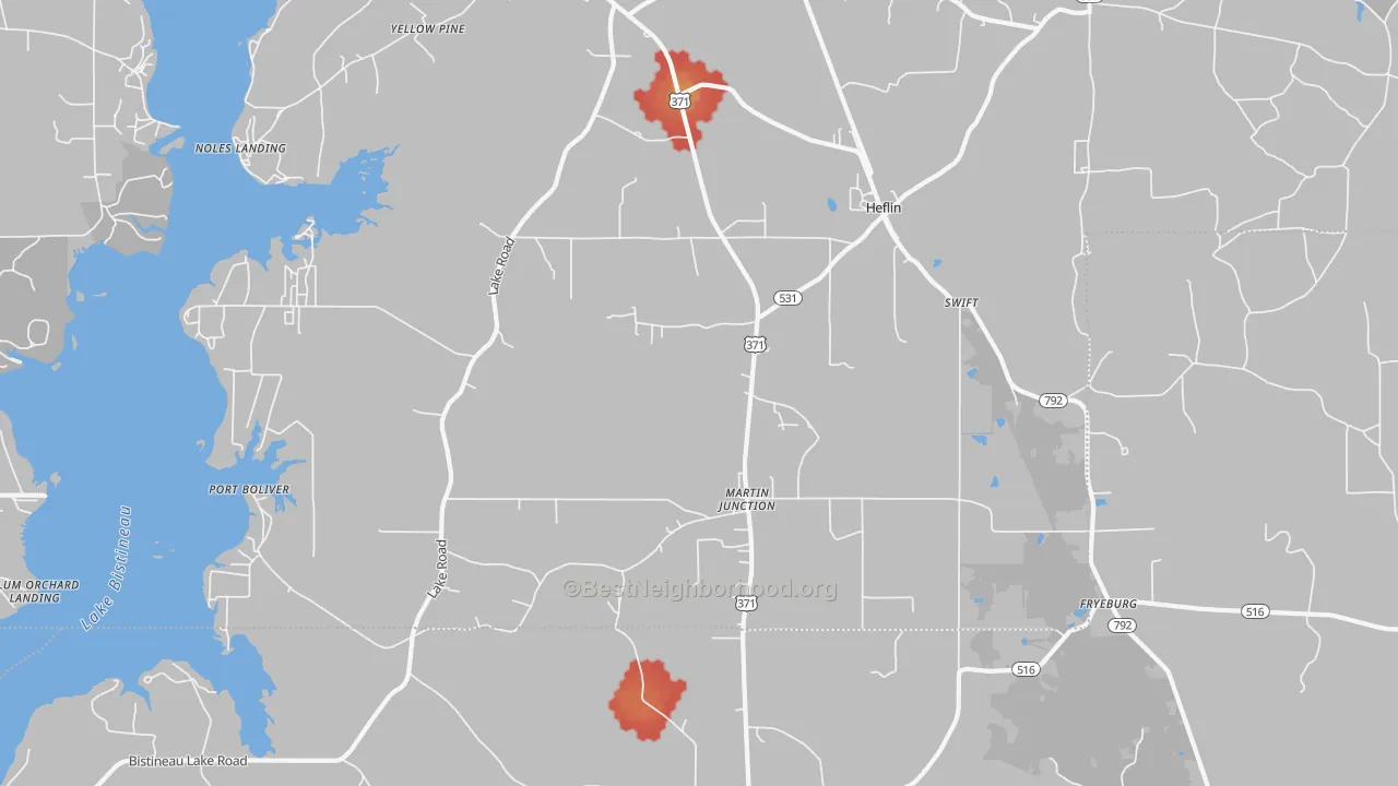 Walk Grade map of 71039, LA, walkable areas in green and car-dependent areas in red