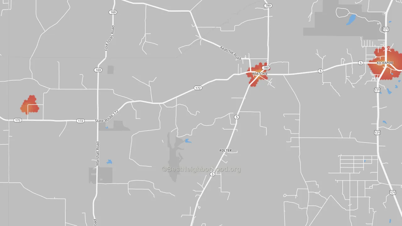 Walk Grade map of 71046, LA, walkable areas in green and car-dependent areas in red