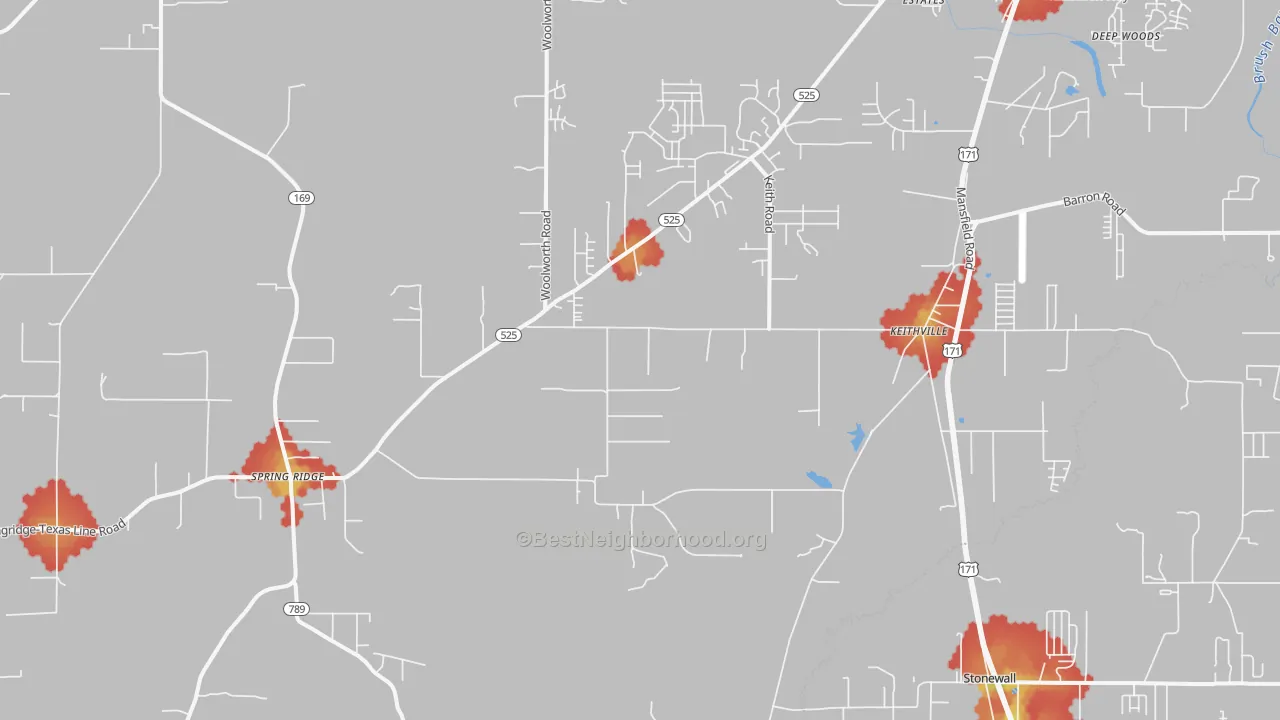 Walk Grade map of 71047, LA, walkable areas in green and car-dependent areas in red