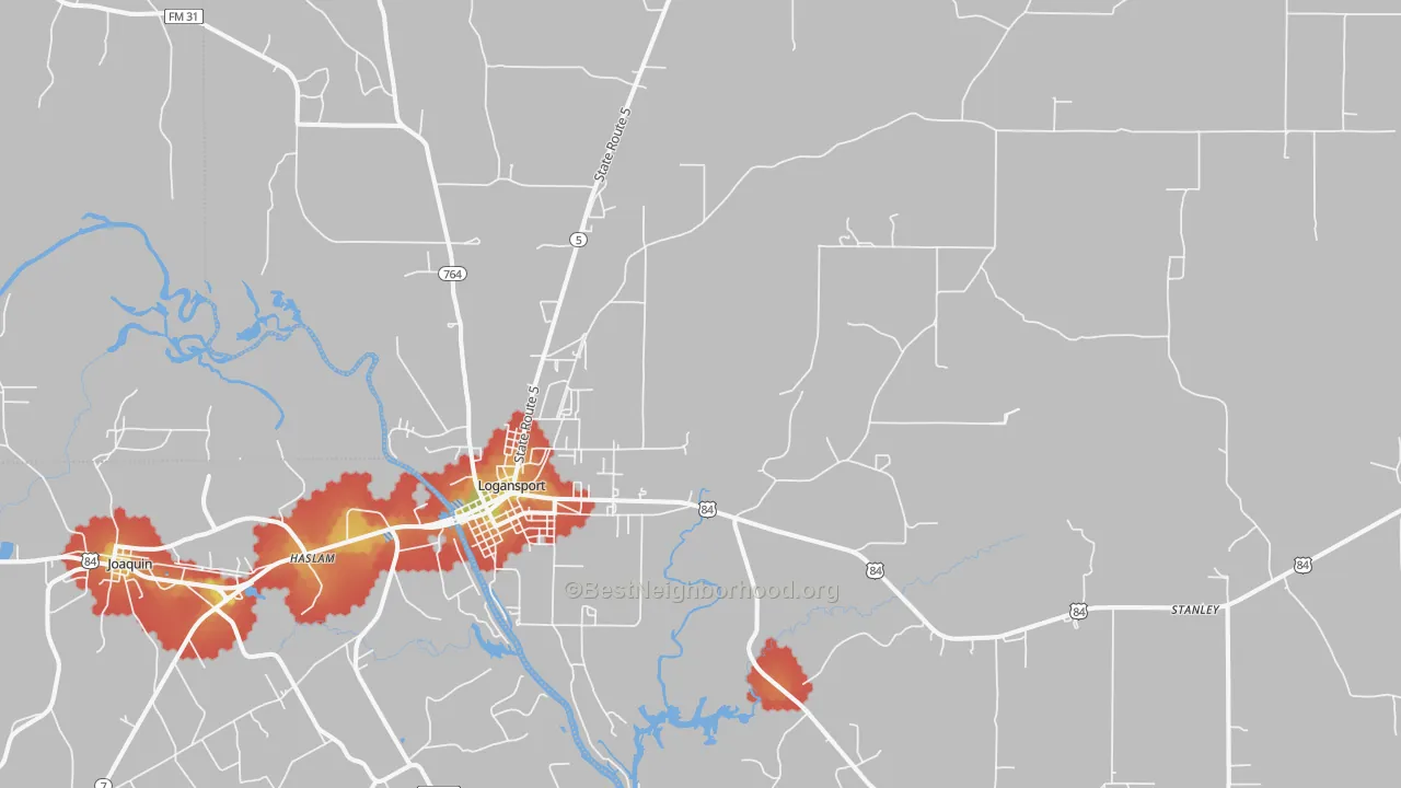 Walk Grade map of 71049, LA, walkable areas in green and car-dependent areas in red