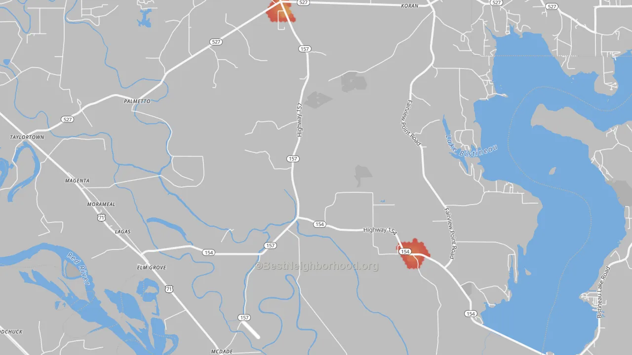 Walk Grade map of 71051, LA, walkable areas in green and car-dependent areas in red