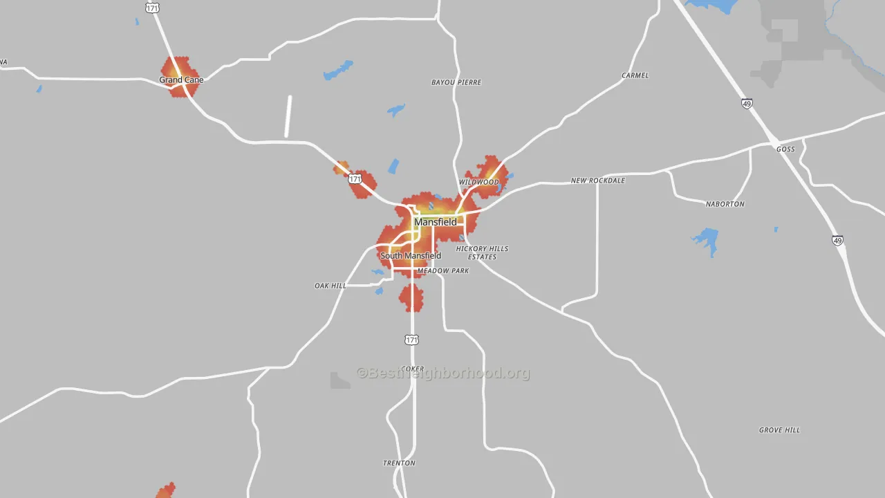 Walk Grade map of 71052, LA, walkable areas in green and car-dependent areas in red