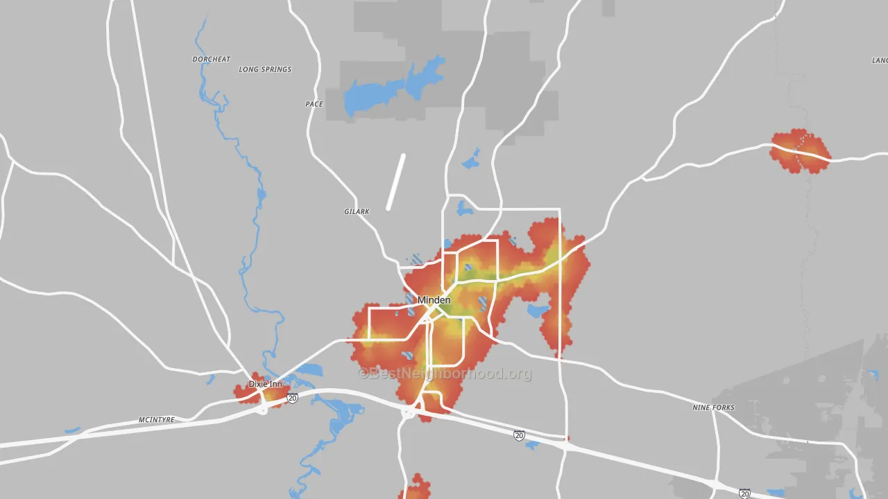 Walk Grade map of 71055, LA, walkable areas in green and car-dependent areas in red