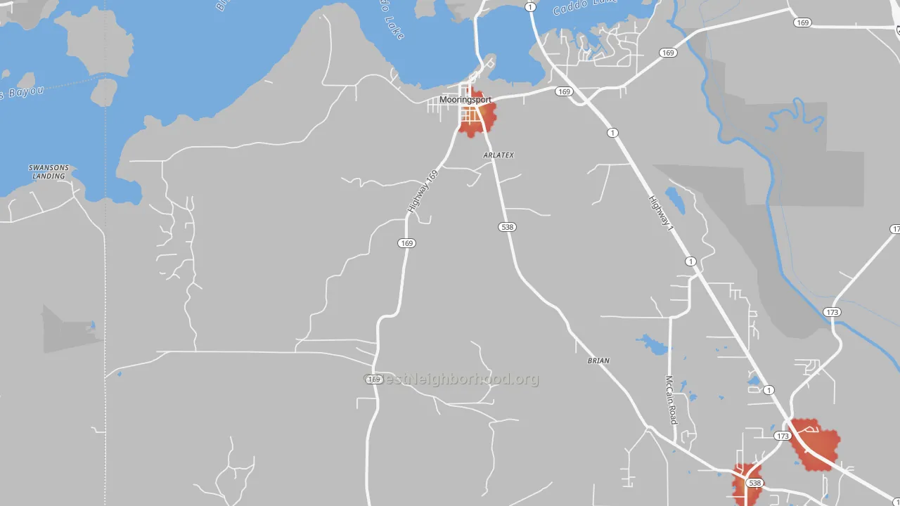 Walk Grade map of 71060, LA, walkable areas in green and car-dependent areas in red