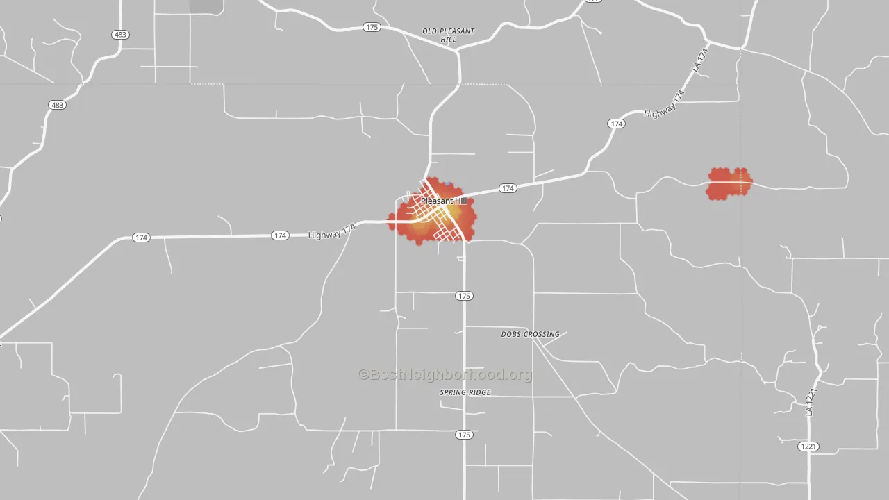 Walk Grade map of 71065, LA, walkable areas in green and car-dependent areas in red
