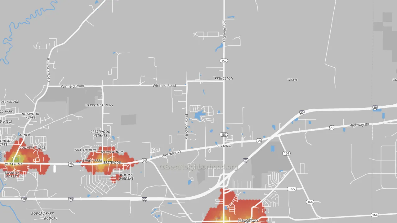 Walk Grade map of 71067, LA, walkable areas in green and car-dependent areas in red