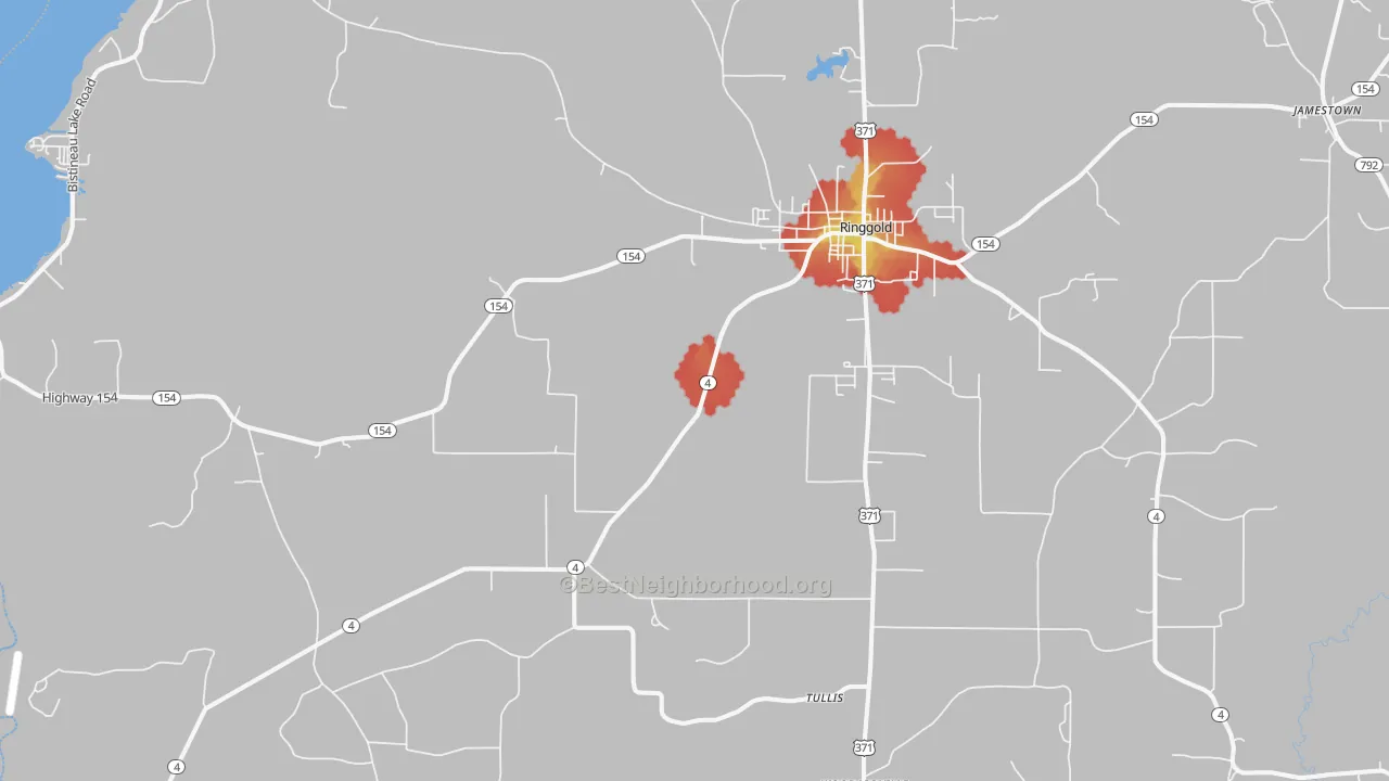 Walk Grade map of 71068, LA, walkable areas in green and car-dependent areas in red