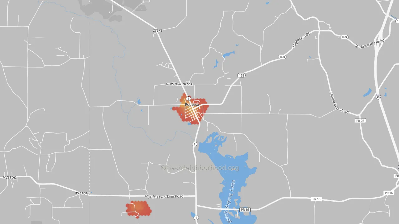 Walk Grade map of 71069, LA, walkable areas in green and car-dependent areas in red