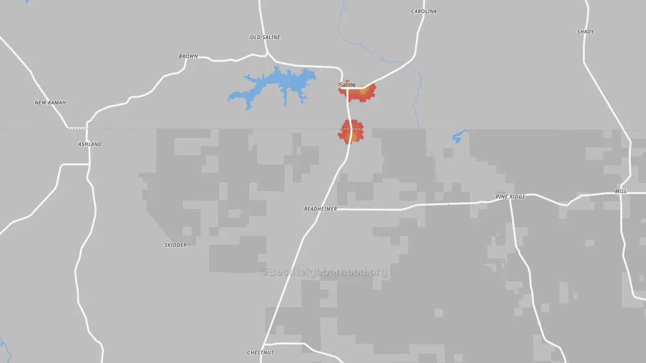 Walk Grade map of 71070, LA, walkable areas in green and car-dependent areas in red