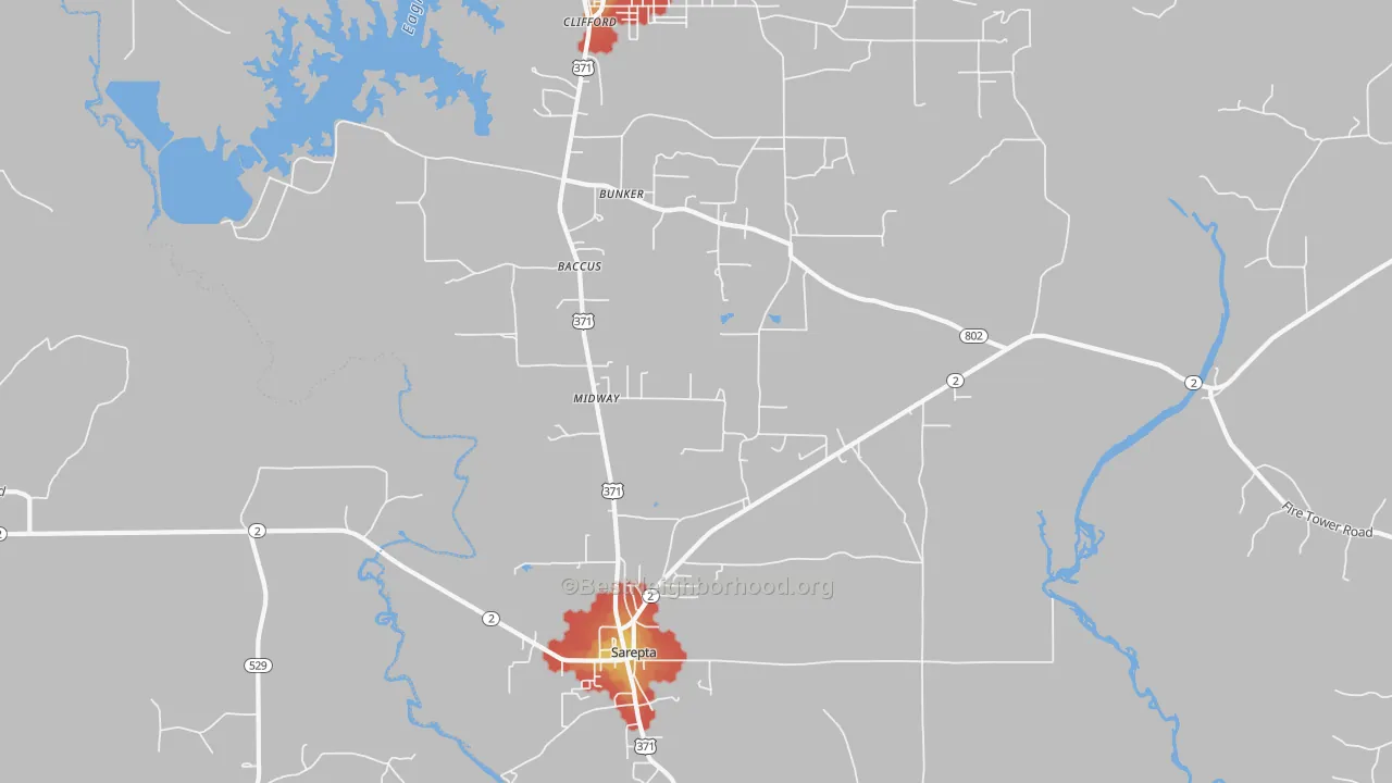 Walk Grade map of 71071, LA, walkable areas in green and car-dependent areas in red
